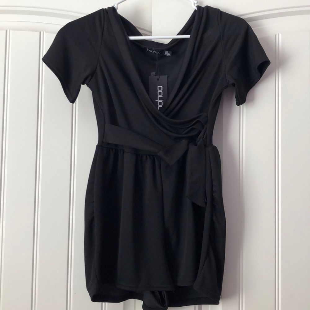 Black Tie Waist Playsuit | Boohoo